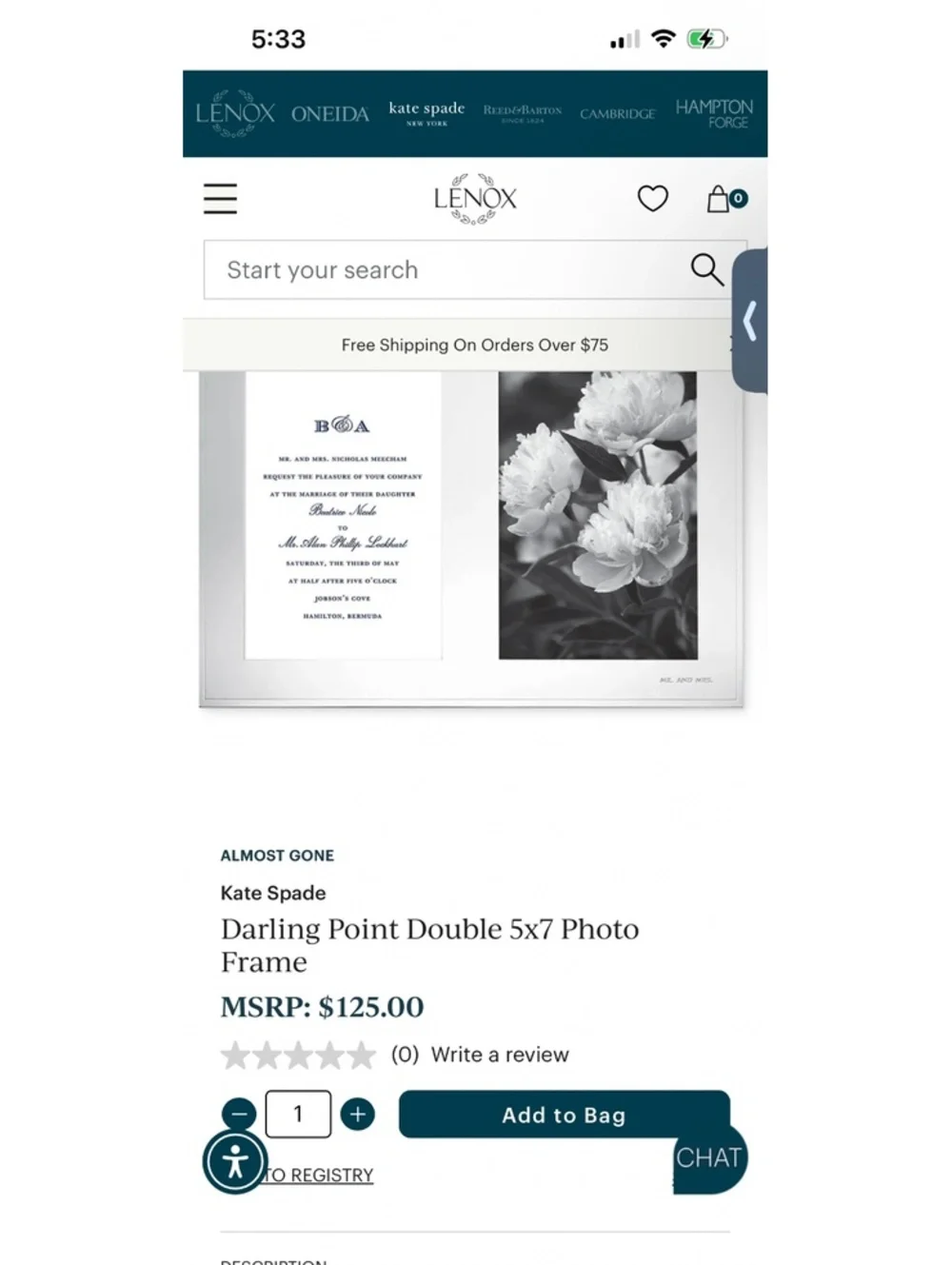 Kate Spade Lenox Darling Point Double 5x7 Photo Frame